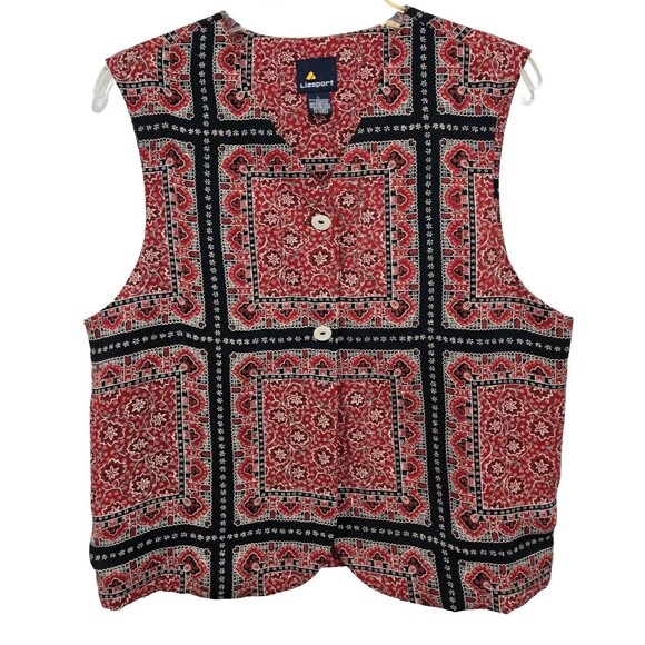 Vtg Lizsport Bandana Patchwork Vest Womens Red‎ Paisley 80s 90s Sz L - Picture 1 of 6